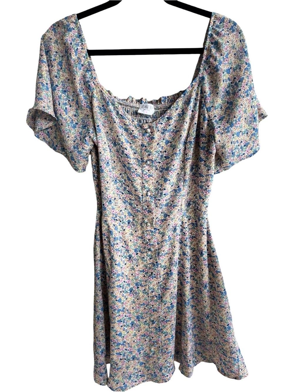 Sienna Sky Scoop-Neck Puff Sleeve Floral Dress in Blue and Pink